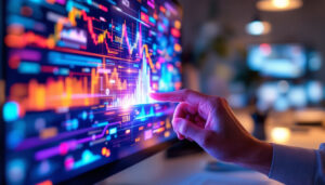 A photograph of a sleek computer touch screen monitor displaying vibrant led graphics