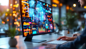 A photograph of a sleek touch panel monitor displaying vibrant led graphics in a modern workspace setting