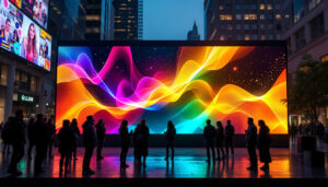 A photograph of a vibrant led display in an urban setting