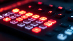 A photograph of a close-up shot of a p series calculator with its led display illuminated