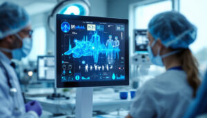 A photograph of a modern medical lcd display in a clinical setting