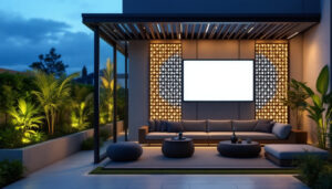 A photograph of a modern outdoor space featuring a stylish lattice screen that incorporates an led display