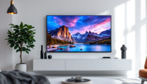 A photograph of a sleek 21:9 led tv displaying vibrant