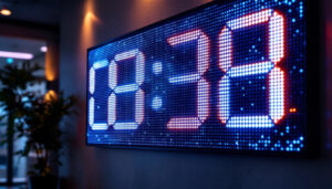 A photograph of a large digital clock wall featuring a vibrant led display
