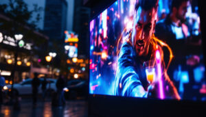 A photograph of a vibrant led display showcasing a popular movie scene or advertisement in a bustling outdoor setting in hillsboro