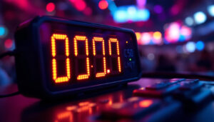 A photograph of a close-up view of a digital clicker with its led display illuminated