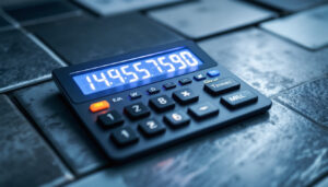 A photograph of a close-up of a thin set calculator with an led display
