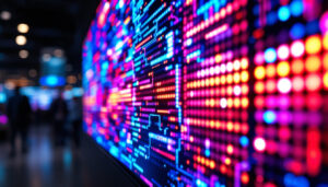 A photograph of a close-up of a vibrant led display showcasing dynamic colors and intricate details