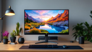 A photograph of a sleek 5k monitor displaying vibrant