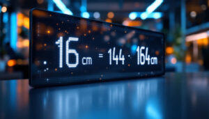 A photograph of a sleek led display showing the conversion of 164 cm to feet