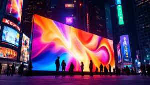 A photograph of a vibrant led display in a dynamic urban setting