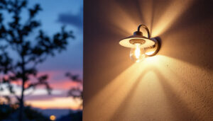 A photograph of a beautifully lit outdoor wall light installed at an ideal height on a home exterior