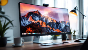 A photograph of a wide desktop monitor displaying vibrant