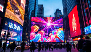 A photograph of a vibrant led display in a bustling urban setting