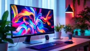 A photograph of a modern desktop setup featuring a vibrant led monitor displaying a colorful graphic or image