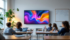 A photograph of a small classroom setup featuring an led display prominently integrated into the learning environment