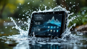 A photograph of a waterproof touch screen monitor in an outdoor setting
