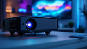 A photograph of a modern led projector set up in a stylish home or office environment