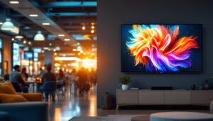A photograph of a vibrant digital signage display in a bustling public space