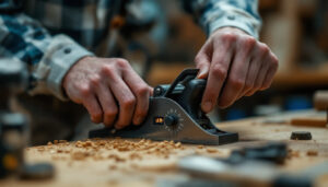 A photograph of a skilled woodworker adjusting a hand planer with a clear focus on the led display