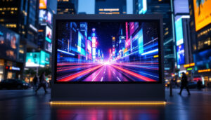 A photograph of a vibrant led display showcasing a stunning 4k video in a dynamic urban setting