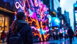 A photograph of a vibrant led display showcasing dynamic visuals and engaging content in a bustling urban environment