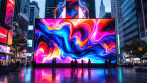 A photograph of a vibrant led display in a dynamic urban setting