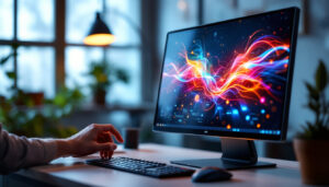 A photograph of a sleek touch monitor computer displaying vibrant led graphics