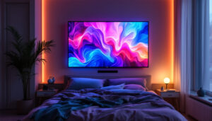 A photograph of a modern bedroom featuring a vibrant led display integrated into the decor