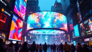 A photograph of a vibrant led display in a bustling urban setting