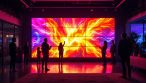 A photograph of a vibrant video wall led display in an engaging setting