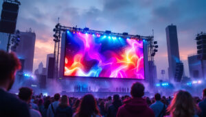 A photograph of a vibrant jumbotron screen displaying dynamic visuals at a lively outdoor event