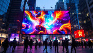 A photograph of capture a photograph of a vibrant led display screen in an urban setting