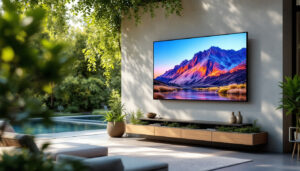 A photograph of an outdoor setting featuring a vibrant led tv panel mounted on a wall or stand