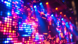 A photograph of a vibrant led display showcasing dynamic visuals and colors