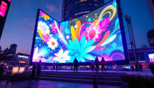 A photograph of a vibrant led display in an urban setting at dusk