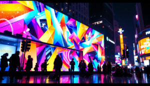 A photograph of a vibrant led display in a bustling urban setting