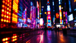 A photograph of capture a photograph of a vibrant led display in a dynamic urban setting