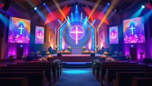 A photograph of a beautifully decorated church stage featuring an led display