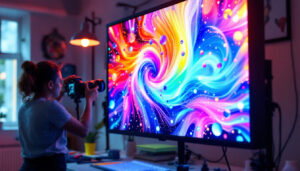 A photograph of a vibrant led display in a creative studio setting