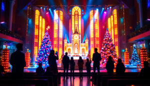 A photograph of a vibrant church christmas photo backdrop featuring a beautifully arranged led display