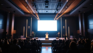 A photograph of a modern church sanctuary featuring a large led display screen prominently positioned at the front