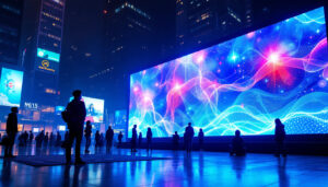 A photograph of a vibrant led display in an urban setting