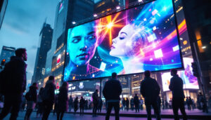 A photograph of a vibrant hologram billboard in an urban setting