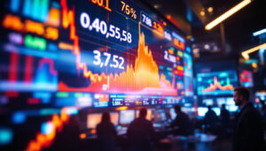 A photograph of a vibrant stock market panel featuring led displays