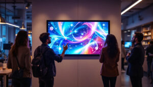 A photograph of a vibrant led display in a business setting