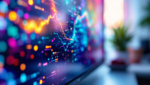A photograph of a close-up of an led display screen showcasing vibrant colors and dynamic visuals