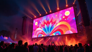 A photograph of a vibrant outdoor festival scene showcasing a large led display in action