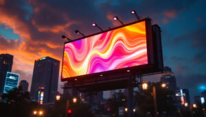 A photograph of a vibrant led billboard in an urban setting at dusk