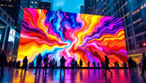 A photograph of a vibrant led display in an urban setting